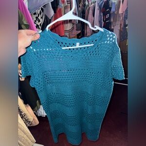 Open-Knit Teal Swim Coverup Dress